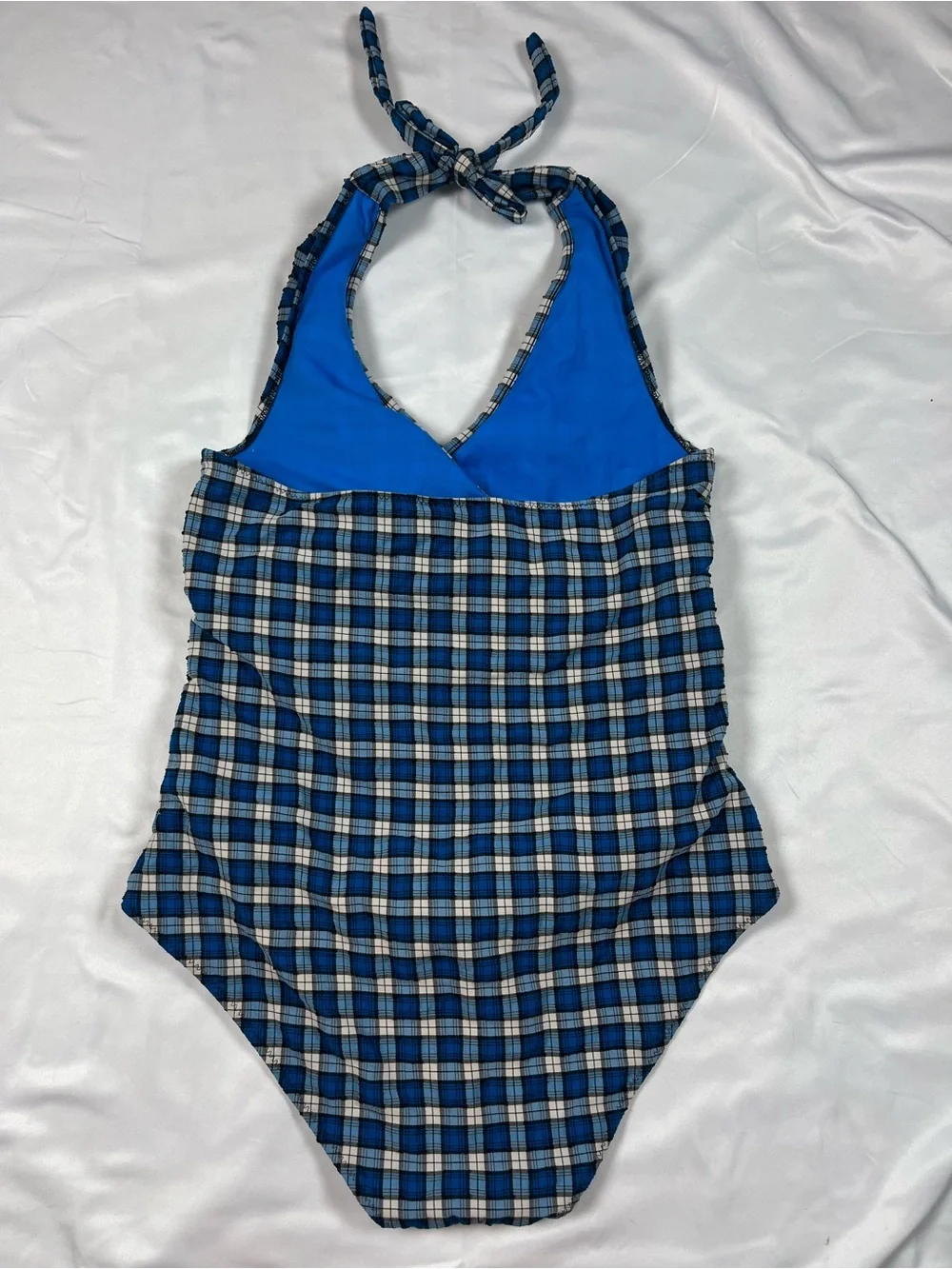 GANNI Recycled Seersucker Frill Halterneck Swimsuit Plaid Azure Blue Sz 40 New